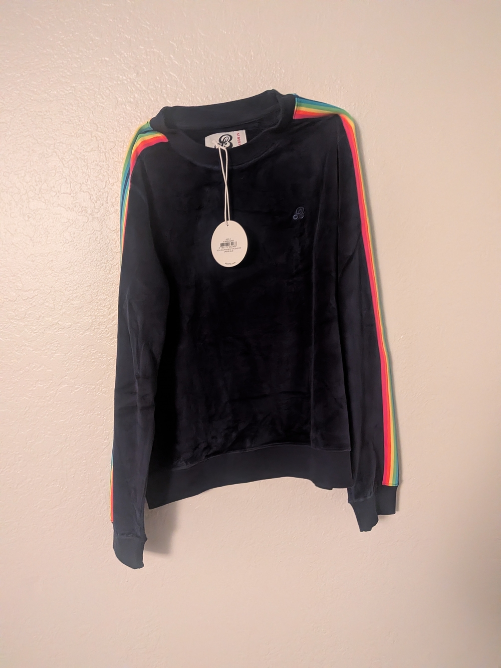 St. Berts Blue Veda Velour Sweatshirt And Pants Rainbow Shoulder Stripes NWT